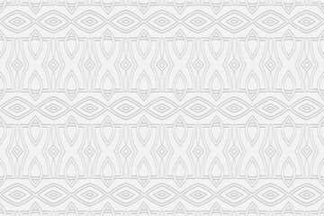 Volumetric convex white background. 3d embossed geometric pattern with intertwining lines and shapes. Ethnic abstract minimalistic elements for wallpaper, websites, textiles, brown paper.