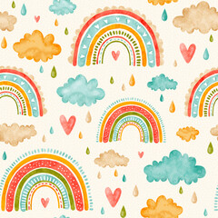 Seamless pattern rainbow, clouds, drops. Watercolor Cute pastel rainbow with drops and heart. Background in childish scandinavian style. Texture for fabric, wrapping paper, textile