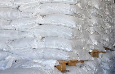 Fototapeta na wymiar Sacks of rice are placed in straight rows on wooden pallets, a farm warehouse.
