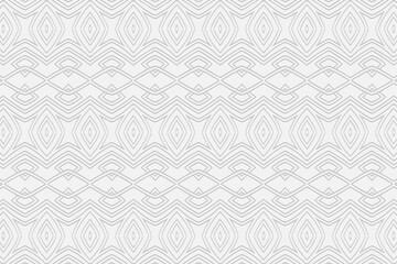 Volumetric convex white background. 3d embossed geometric pattern with intertwining lines and shapes. Ethnic minimalistic elements. Decorative modern ornament.