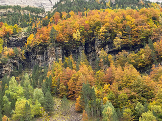 views of mountains, forests, waterfalls and natural pools in the Ordesa y Monte Perdido National Park, located in the Aragonese Pyrenees. in the province of Huesca, Spain