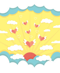 Illustration of clouds and winged hearts