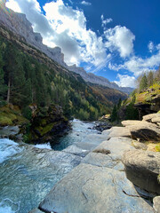 views of mountains, forests, waterfalls and natural pools in the Ordesa y Monte Perdido National Park, located in the Aragonese Pyrenees. in the province of Huesca, Spain