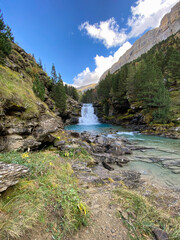 views of mountains, forests, waterfalls and natural pools in the Ordesa y Monte Perdido National Park, located in the Aragonese Pyrenees. in the province of Huesca, Spain