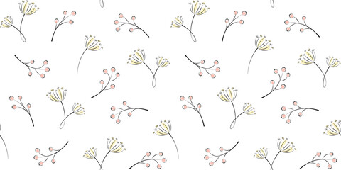 Twigs, branches with berries and inflorescences on a white background. Plant and floral endless texture. Vector seamless pattern for wrapping paper, packaging, wrapper, cover, website wallpaper, print