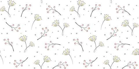 Twigs, branches with berries, inflorescences and small circles on a white. Plant and floral endless texture. Vector seamless pattern for wrapping paper, packaging, wrapper, cover and website wallpaper