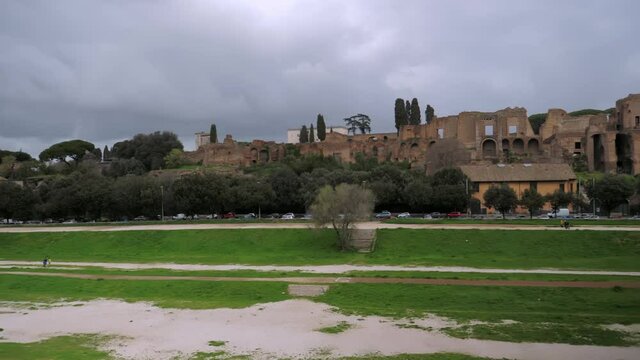 View on Circus Maximus and Ruins of the Palatine Hill, the largest circus venue for chariot races and gladiatorial battles during the Roman Empire