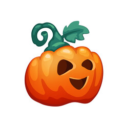 Cute Halloween pumpkin character with happy face, vector illustration in cartoon style. Halloween character jack-o-lantern for greeting card, board game, party invitation. Creepy pumpkin carved face