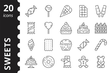 Sweets. Candy, ice cream, cake, cookies, candy bar. Linear icons in a vector.
