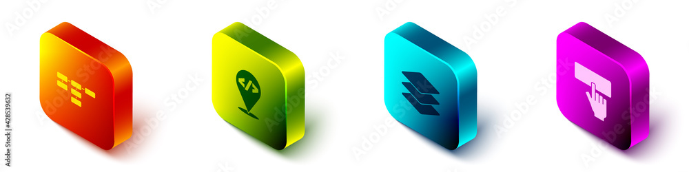 Aufkleber set isometric site map, front end development, layers and keyboard icon. vector
