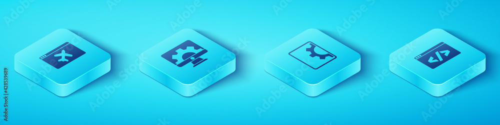 Poster set isometric website template, development, front end and icon. vector