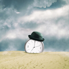 Clock with a hat in the sand dunes. Cloudy sky. Time concept. Business. Lifestyle. Square...