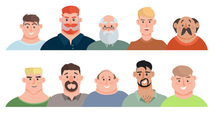 Adult men avatars set. Young men, teenagers, elderly men. Face avatars portraits, multicultural human head portraits. Vector illustrations collection. Isolated on white.