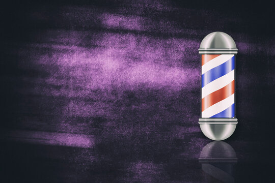 Barber Shop Pole on purple grunge background. Reflection. Copy space. Beauty and fashion.