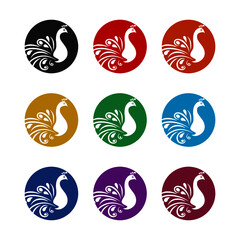 Silhouette of a peacock icon isolated on white background color set