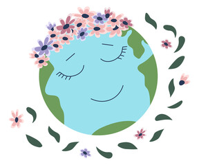 Vector isolated illustration of smiling planet Earth wearing flower wreath,surrounded by flying leaves and flowers.Cartoon for international mother Earth day,cute planet.Advertising,print,web design