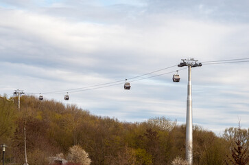 cable car cabins moving over the forest
