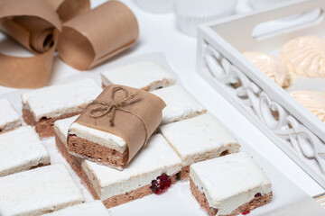 Portion marshmallow with cocoa and cranberries. Wrapped in paper and tied with string. Two-layer zephyr.