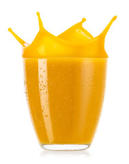 glass of splashing mango smoothies isolated on white