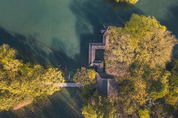 Fototapeta premium Aerial landscape of Hangzhou West Lake, the Yuhu Bay Scenic park with long covered bridge