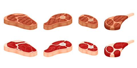 A set of pieces of meat. Fresh and grilled. Knuckle, shoulder blade, fat red meat. Pork, beef, lamb. Flat cartoon vector illustration isolated on a white background.