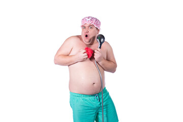 Funny fat man washes in the shower. Cheerful person and songs.