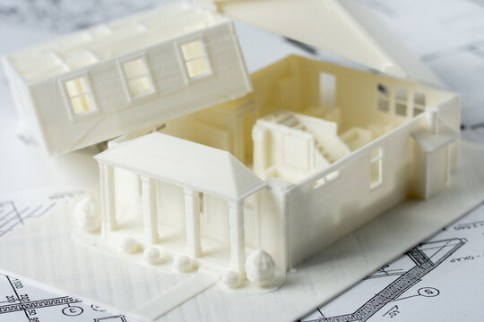 Decomposed House Parts Floor And Roof 3D Model Printed On A 3D Printer With White Filament By FDM Technology For Architectural Use.