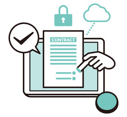 安全性の高いクラウドに繋げたタブレット端末で書類に電子印鑑を押印するイラスト