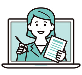 書類とペンを持ってオンラインで仕事をするビジネスパーソン　女性　ノートパソコン