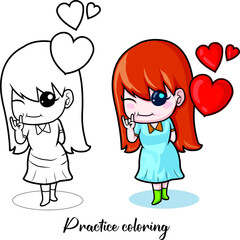 lovely girl with heart practice coloring