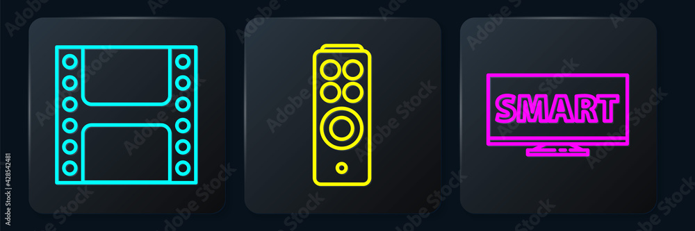Poster set line play video, screen tv with smart video and remote control. black square button. vector