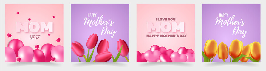 Set of templates, banners for mother's day with balloons and flowers