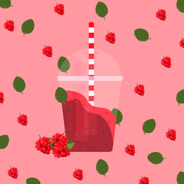 illustration pattern print smoothie raspberry, basil in a transparent plastic glass on a pink background