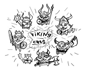 Cartoon vikings, cats clothes for boys. Hand drawn sketch print for kids. Сan be used for baby shirt design  fashion print design  ​a poster, bag, postcard