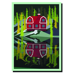 scandinavian red house on the edge of the forest with reflection in the water