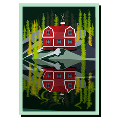 scandinavian red house on the edge of the forest with reflection in the water
