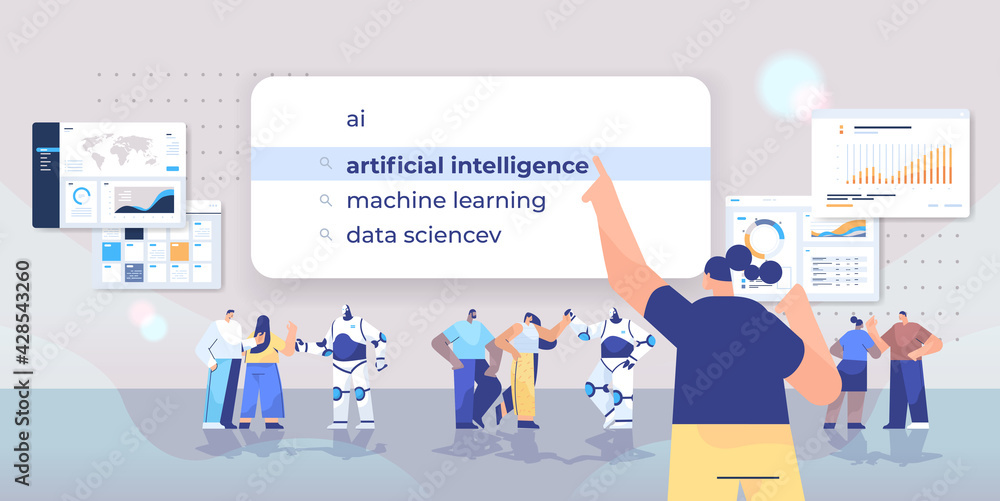 Poster mix race people and robots choosing ai in search bar on virtual screen artificial intelligence inter