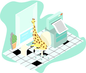 Giraffe at work in the office behind a computer on a light blue background