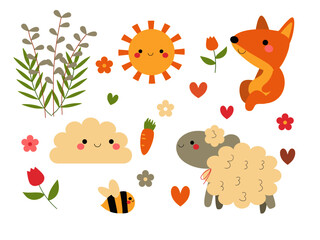 Naklejka premium Set of cute animals in summer decoration isolated on white background , cute fox ,bee and sheep