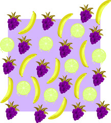 illustration pattern banana blackberry lime mix on a purple background