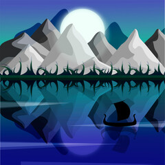 mountain landscape in water reflection by moonlight