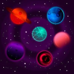 different unusual shining planets in space among the stars on a dark purple background as a screensaver on your phone or computer desktop