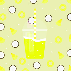 Vector Illustration of a plastic glass of smoothies. Refreshing and healthy pineapple, coconut mixed into one