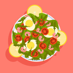 illustration sticker caesar salad with shrimp lemon rucola cherry tomatoes and egg in white plate on pink background
