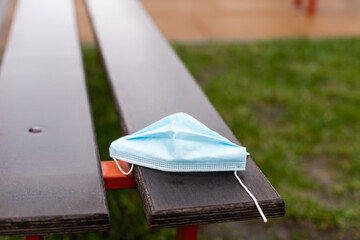 medical mask lies on a bench in the park