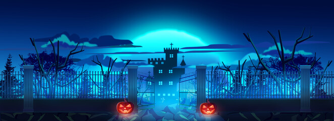 Fototapeta na wymiar Panorama entrance gate graveyard decorate with halloween pumpkin lamp on dark blue themeon background silhouette castle and big moon on night sky for halloween night concept, illustration picture.