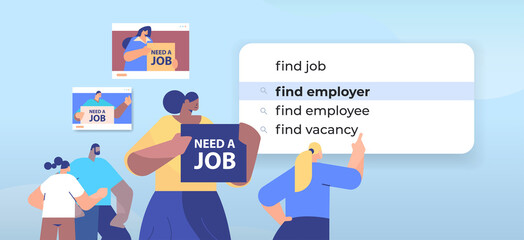mix race businesspeople choosing find employeer in search bar on virtual screen human resources recruitment hiring