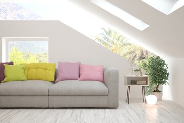 Minimalist living room in white color with sofa and summer landscape in window. Scandinavian interior design. 3D illustration