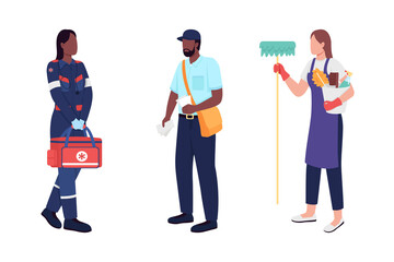 Key workers flat color vector faceless character set. Paramedic, postman and janitor. Public service employees isolated cartoon illustration for web graphic design and animation collection