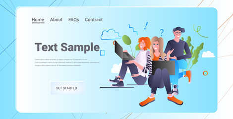 friends using laptops social media communication concept horizontal copy space